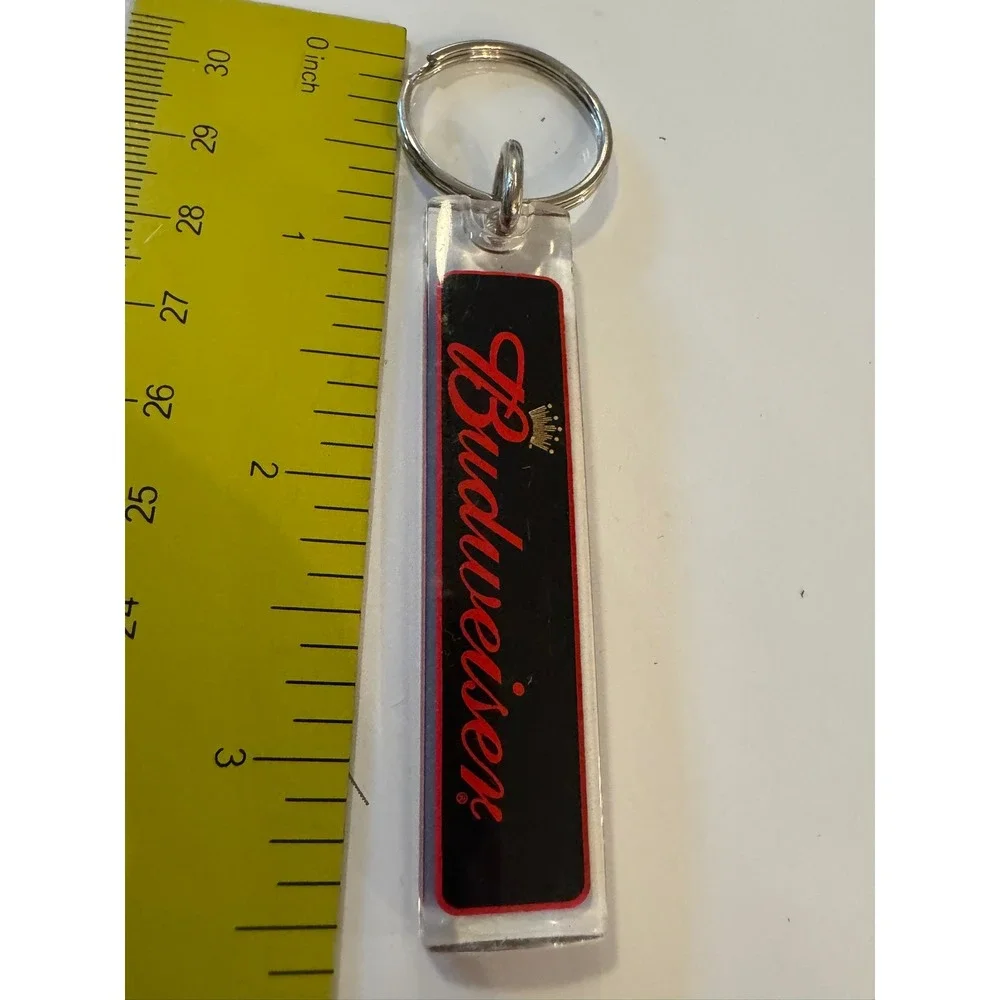 Budweiser Beer Keychain Clear Acrylic Black Red Script Logo Gold Crown Vintage